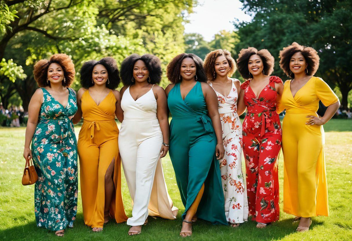 A diverse group of women of various shapes, sizes, and ethnicities joyfully celebrating together in a park, surrounded by vivid flowers and greenery. Each woman is confidently showcasing her unique style in colorful, fashionable outfits that reflect body positivity. The scene radiates warmth, happiness, and empowerment, with soft golden sunlight filtering through the leaves, enhancing the atmosphere. super-realistic. vibrant colors. natural setting.