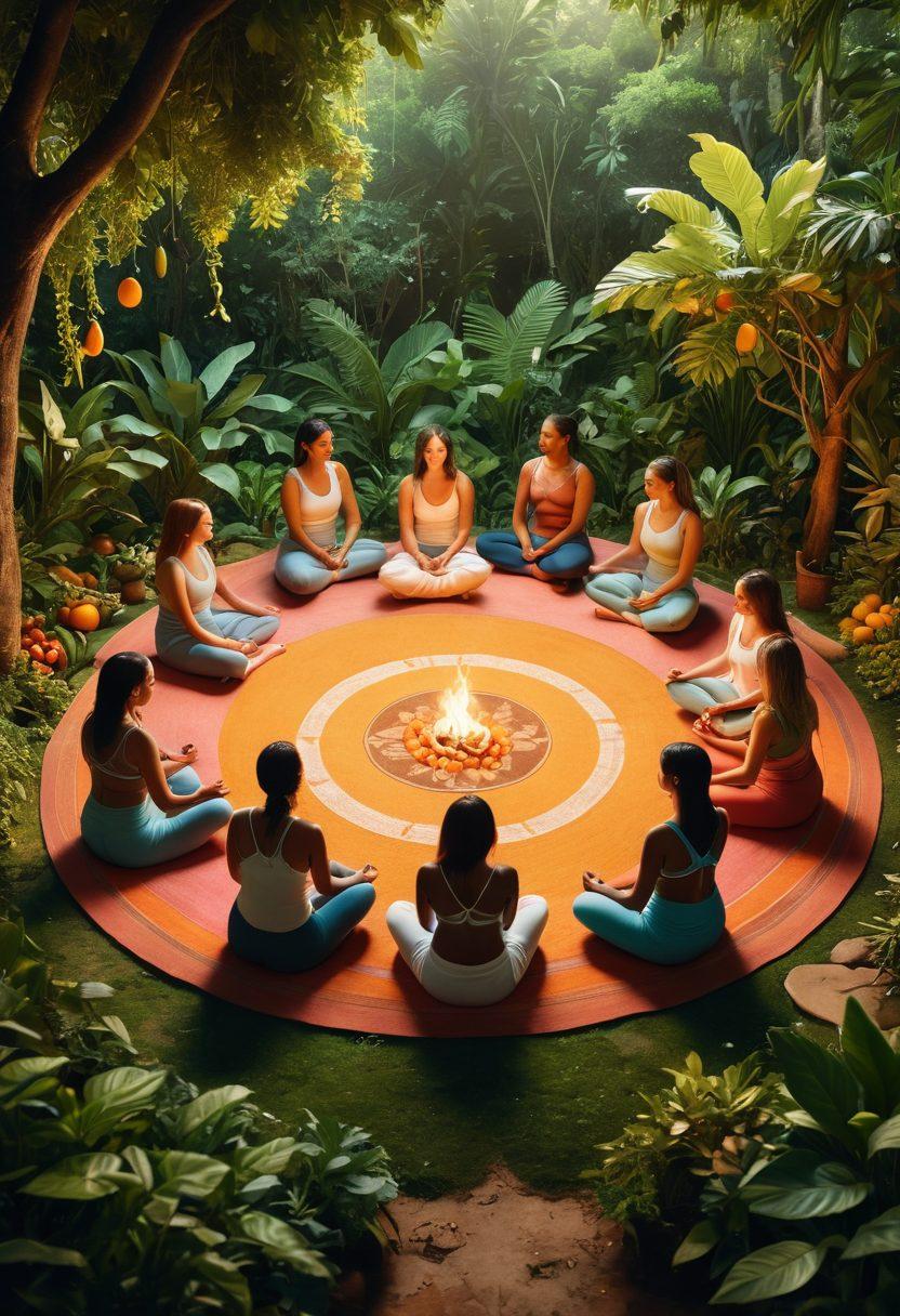 A serene scene depicting a diverse group of women engaged in a cozy circle, sharing stories and wisdom, surrounded by lush greenery and soft lighting. Incorporate symbols of health like fruits and yoga mats, highlighting empowerment and well-being. Choose warm, inviting colors to evoke a sense of community. super-realistic. vibrant colors. nature backdrop.